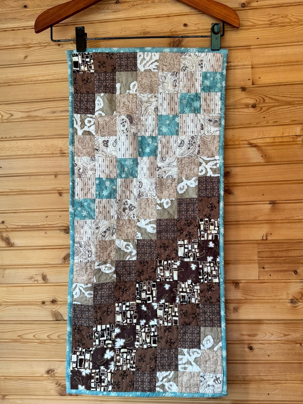 Patchwork Quilted Table Runner Teal, Brown & Cream Cottage Grandma Cozy
